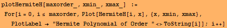 plotHermiteH[maxorder_, xmin_, xmax_]    := For[i = 0, i≤ maxorder, Plot[Hermi ... in, xmax}, PlotLabel  "Hermite Polynomial of Order "<>ToString[i]] ; i ++]