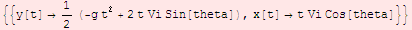 {{y[t] 1/2 (-g t^2 + 2 t Vi Sin[theta]), x[t] t Vi Cos[theta]}}