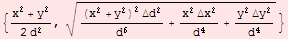 {(x^2 + y^2)/(2 d^2), (((x^2 + y^2)^2 Δd^2)/d^6 + (x^2 Δx^2)/d^4 + (y^2 Δy^2)/d^4)^(1/2)}