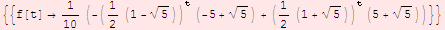 {{f[t] 1/10 (-(1/2 (1 - 5^(1/2)))^t (-5 + 5^(1/2)) + (1/2 (1 + 5^(1/2)))^t (5 + 5^(1/2)))}}