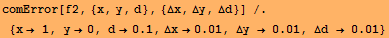 RowBox[{comError[f2, {x, y, d}, {Δx, Δy, Δd}],  , /.,  , RowBox[{{, RowBox[{x&# ...  , RowBox[{Δy,  , ,  , 0.01}], ,,  , RowBox[{Δd,  , ,  , 0.01}]}], }}]}]
